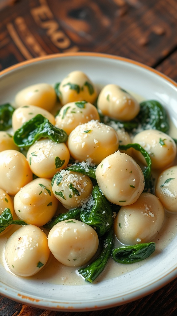A plate of creamy spinach gnocchi with spinach and Parmesan cheese, on a rustic wooden table.